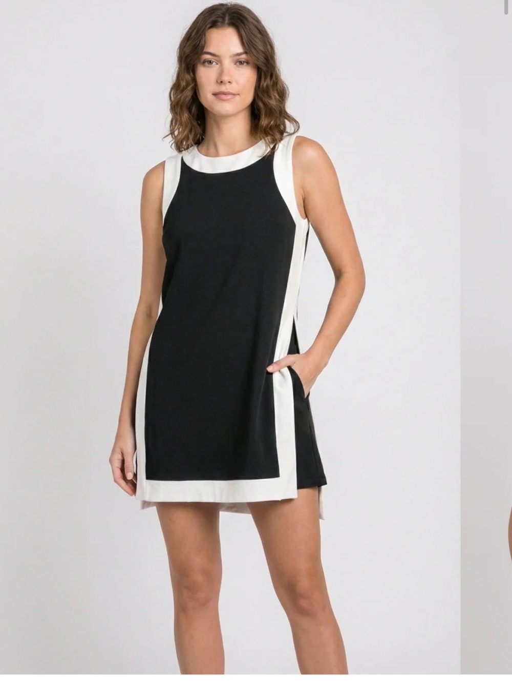 Never worn - 2 Piece Black & White Sleeveless Shift Mini Dress and Shorts